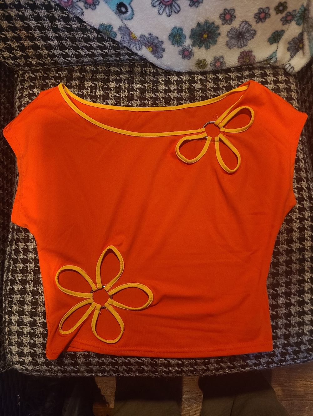 Women’s Orange Opened Flower Accent Short Sleeve Top